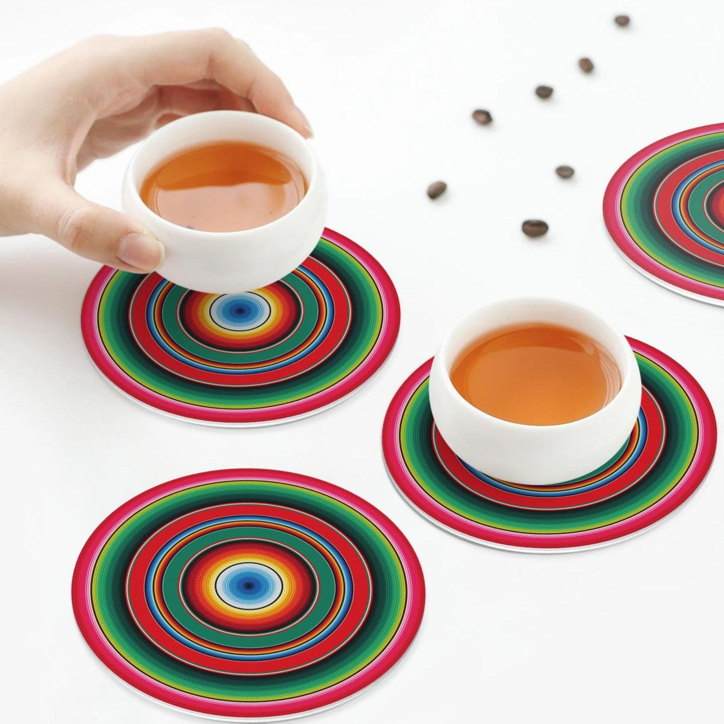 Mexican Blanket Serape Stripe sarapes Mexicano 6 Pcs Drink Coasters - Leather Coasters Set - Resistant Round Coaster Non-Slip Table Mat - Kitchen Bar Home Decor Housewarming Gift