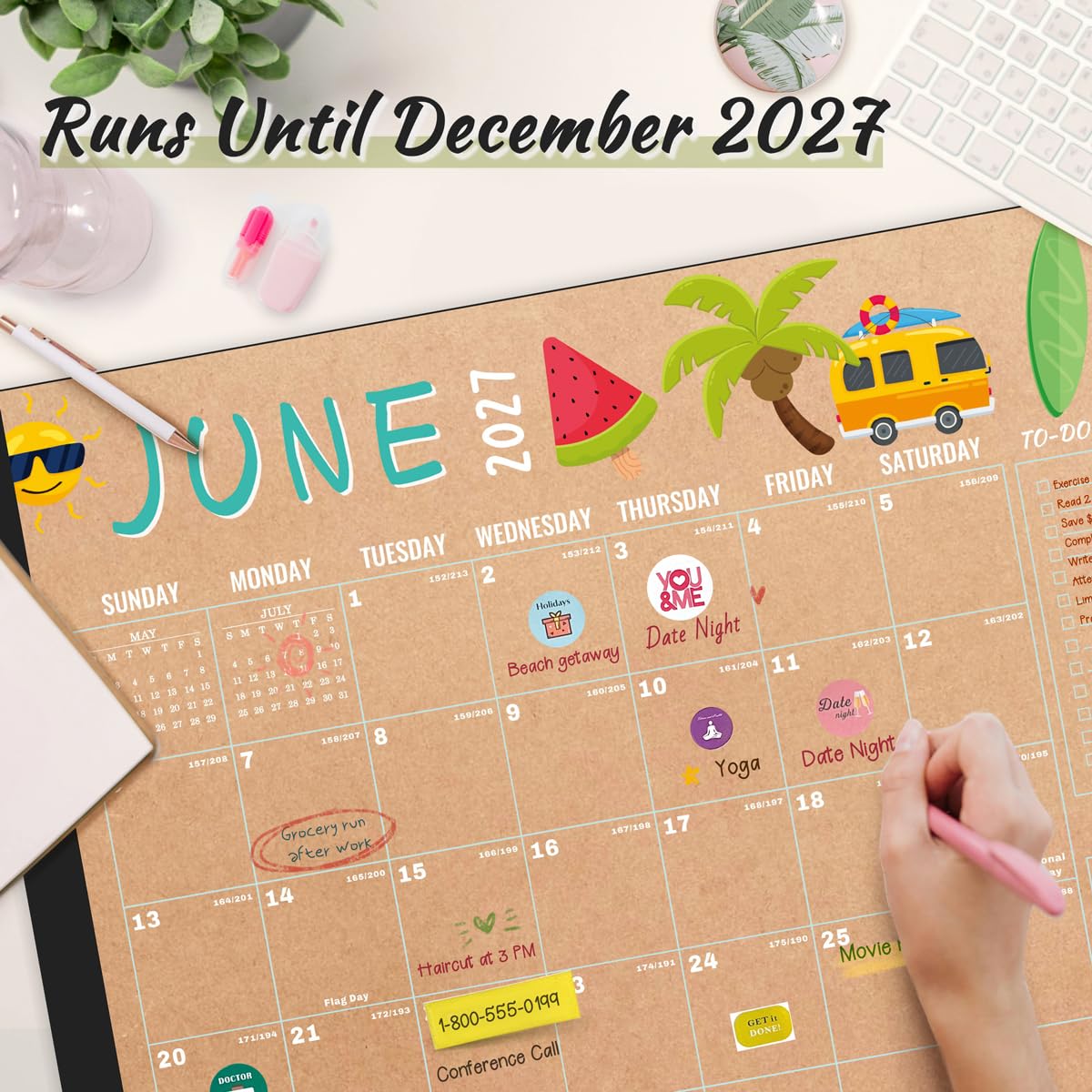 Desk Calendar 2026-2027, Large 22"x17", 18 Months from July 2026 to December 2027, Desktop Calendar with Plastic Cover and Colorful Stickers, Ideal for Home, Office, and School Planning, Doodle Kraft (July.2026-Dec.2027)