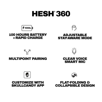 Skullcandy Hesh 360 Wireless Over-Ear Bluetooth Headphones, Up to 100 Hours Battery, Noise Isolating Fit, Flat-Folding Collapsible Design, Microphone iPhone Android - Bone