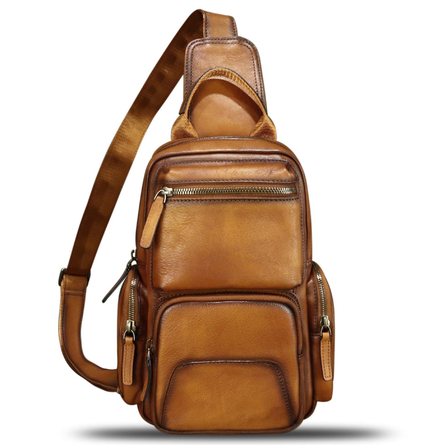 LRTO Genuine Leather Sling Bag for Men and Women Vintage Leather Sling Backpack Purse Chest Bag Over Shoulder Crossbody Bag (Brown)