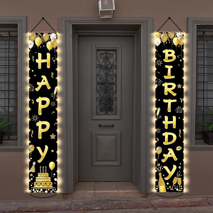 Black Gold Happy Birthday Door Banner Lighted Decorations for Men Women Happy Birthday Banner Porch Sign with LED light Party Supplies 16th 18th 30th 40th 50th 60th Party Decoration