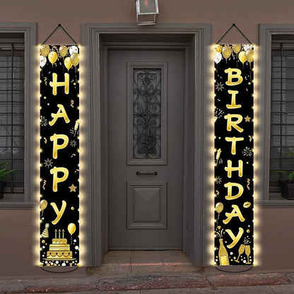 Black Gold Happy Birthday Door Banner Lighted Decorations for Men Women Happy Birthday Banner Porch Sign with LED light Party Supplies 16th 18th 30th 40th 50th 60th Party Decoration