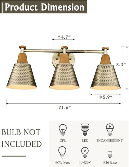 FEMILA Antique Brass Bathroom Vanity Light, 3-Lights Industrial Modern Wall Sconce Bathroom Lighting, Hammered Metal Shade Finish, 4FG59B-3W BG