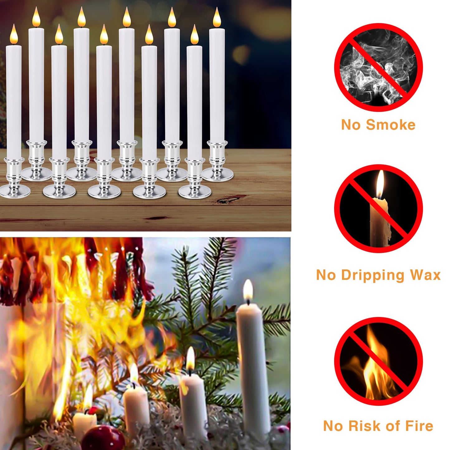 Bolamp LED Flameless Window Candles with Remote Timer Sliver Base 10 PCS Battery Operated Flickering Taper Candle Lights with Removable Candle Holders Best Gift for Xmas Wedding Home Dinner Décor