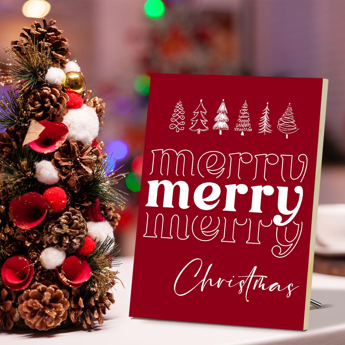 Merry Christmas Signs for Wall Decorations - Red Wood Tabletop Decor for Table, Desk, Mantle, Shelf - Wall Art for Party - Wood Hanging Signs for Kitchen - JK0383
