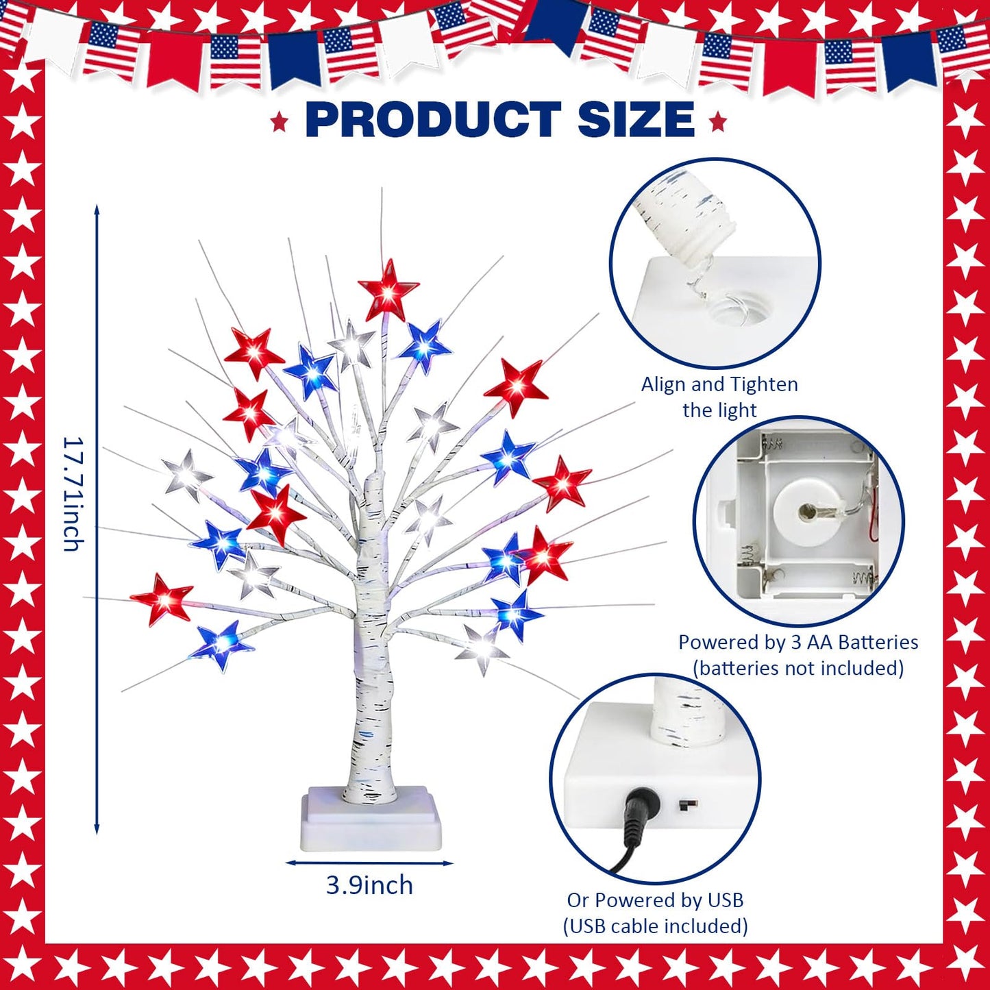 18" 4th of July Patriotic Decorations Tree with 24 LED Red White Blue Star Lights, Independence Day Lighted Tree for Home Party Festival Mantel Centerpiece Decor