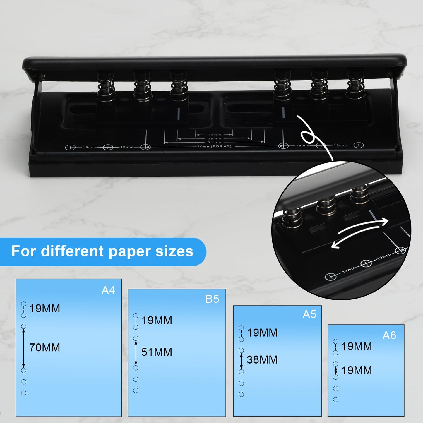 Adjustable 6-Hole Punch - Metal Hole Puncher for A4/A5/A6, Personal & Pocket Planners - 6-Ring Binder Puncher 6-Sheet Capacity, Non-Slip Base, with Ruler & Hole Guide (Black)