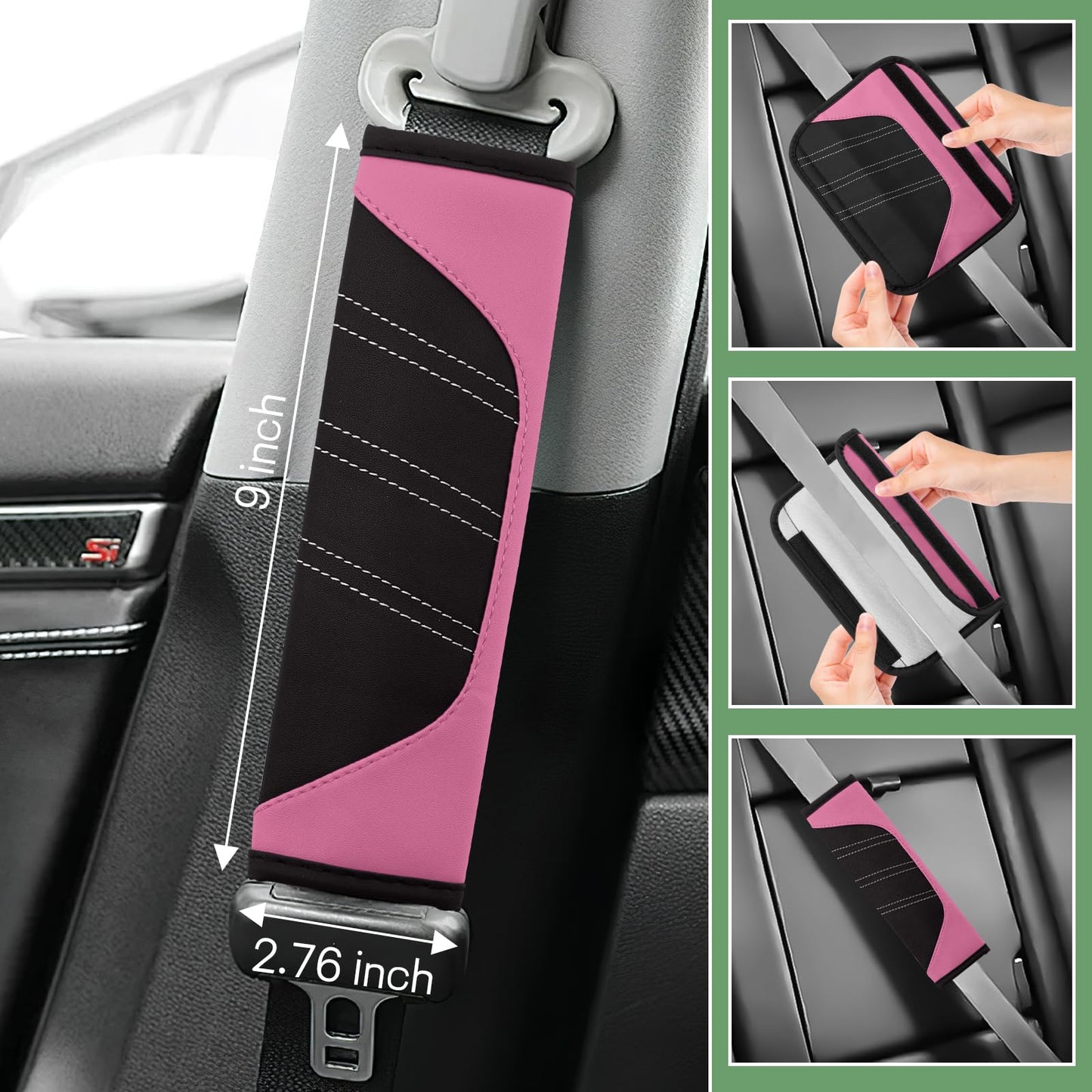 Hbxdeco 6PCS Pink Car Accessories Set, Sporty Auto Interior Decoration Accessories with Leather Car Steering Wheel Cover, Center Console Cover, Seat Belt Shoulder Pads, Cup Coasters (Pink)