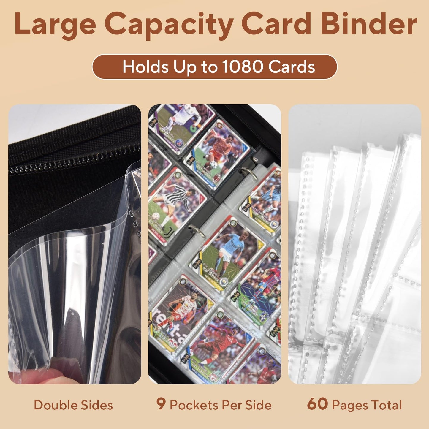 ULLTOON Baseball Card Binder 9 Pocket, 1080 Pockets Trading Card Binder with Zipper, Portable Collector Card Album Storage Organizer for Sports Cards, Game Cards, Gifts for Kids