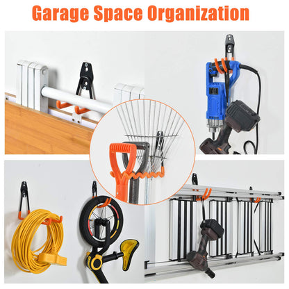 AOBEN 24PCS Garage Hooks, Heavy Duty Double Garage Hanger Organizer Wall Mount Iron Anti-Slip Garage Storage Hooks for Ladder, Power Tool,Bike,Ropes（23 Hooks & 1 hoder Strap-Orange