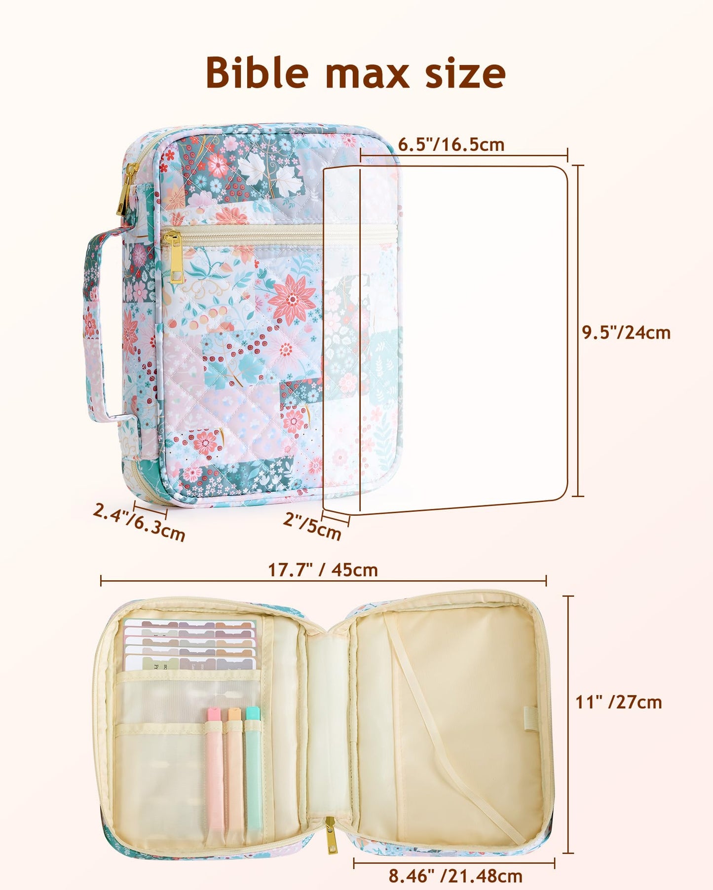 Oterri Bible Cover Case For Women, Large Bible Cover With Bible Study Supplies Accessories, Quilted Soft Bible Tote Bags Church,Classroom,Campus,Neighborhood Association (Flower Quilt, Large)