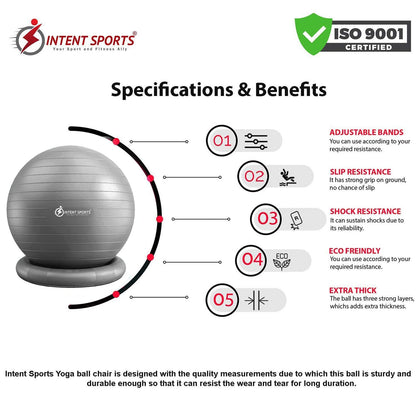 INTENT SPORTS Yoga Ball Chair – Stability Ball with Inflatable Stability Base & Resistance Bands, Fitness Ball for Home Gym, Office, Improves Back Pain, Core, Posture & Balance (65 Cm)
