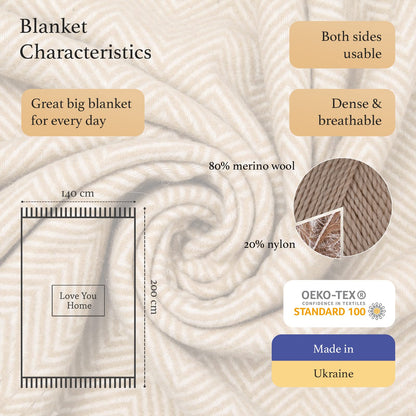 LYHome Merino Wool Blanket - Warm Throw for Cold Weather, Warmest Travel Outdoor Camping Blankets, Picnic Army and Military Throws, Comforter Soft & Cozy (55" x 79" Beige with White Chevron)