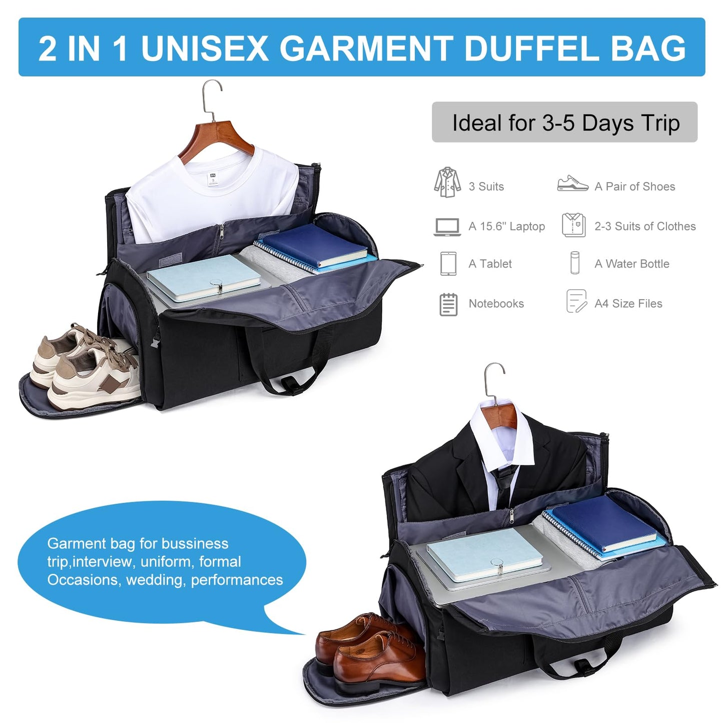 Convertible Duffle Bags for Men, Garment Bag for Travel, Carry on Garment Duffel Bag with Shoe Compartment, 2 in 1 Hanging Dress Suitcase Suit Travel Bags, Black