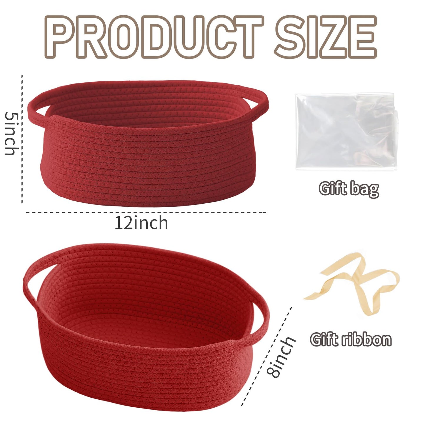 JMvicyroam Woven Basket,Small Rope Storage Bin with Handles & Ribbon Bag, Organizer for Shelves Closets,Gift Basket Empty for Birthday,Books,Dog Toys, Red