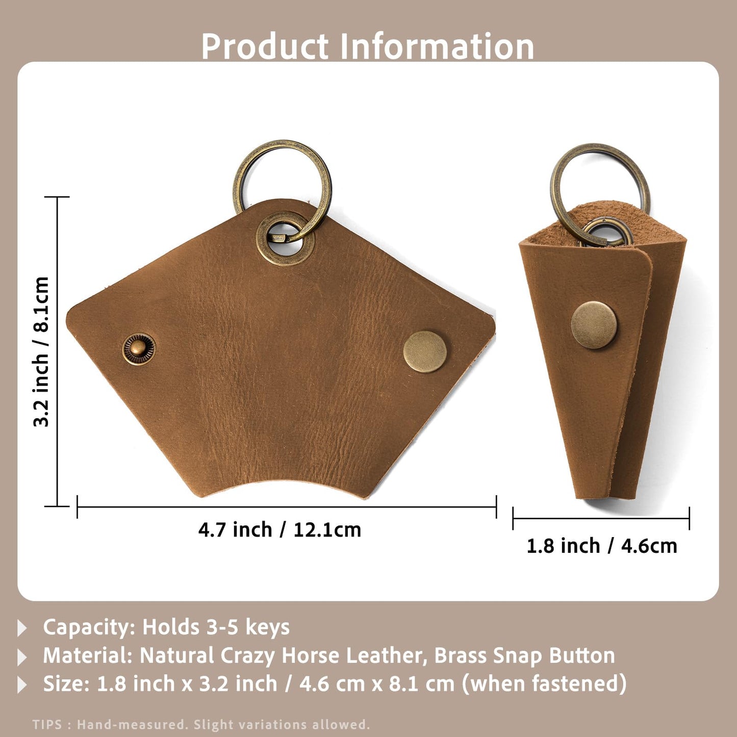 2-Pack Handmade Crazy Horse Leather Wrap Keychain with Snap Closure, Key Ring Cover and Silencer Sleeve - Men's Key Organizer (Light Brown/Black)