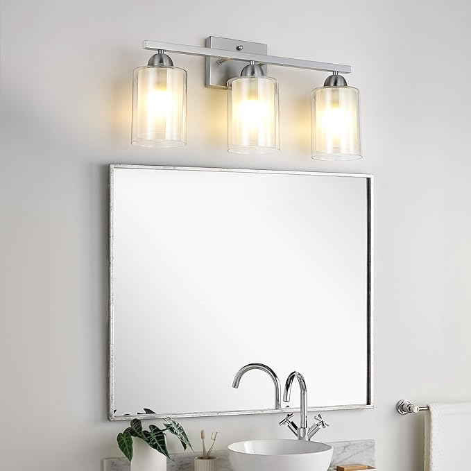 Stainless Steel Bathroom Vanity Light Over Mirror, 3 Light Brushed Nickel Bathroom Light Fixtures with Milk Glass and Clear Glass Shades, Modern Vanity Lighting Wall Mount