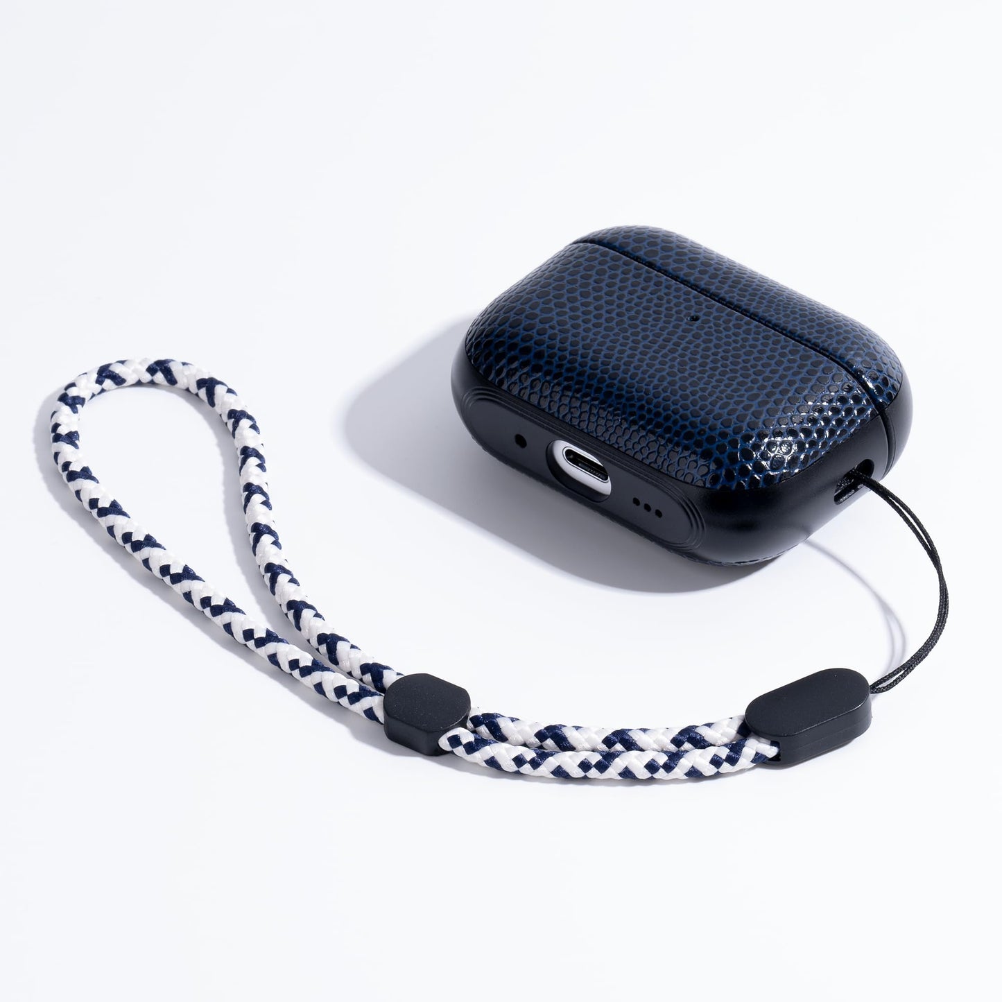 RIXENY Leather Case for AirPods Pro 3 (3rd Gen 2025), Adjustable Lanyard, Vegan Lizard Texture Leather, Hard Shell, Scratch/Shock Proof, Wireless Charging, for Fashion & Luxury Lovers, Blue