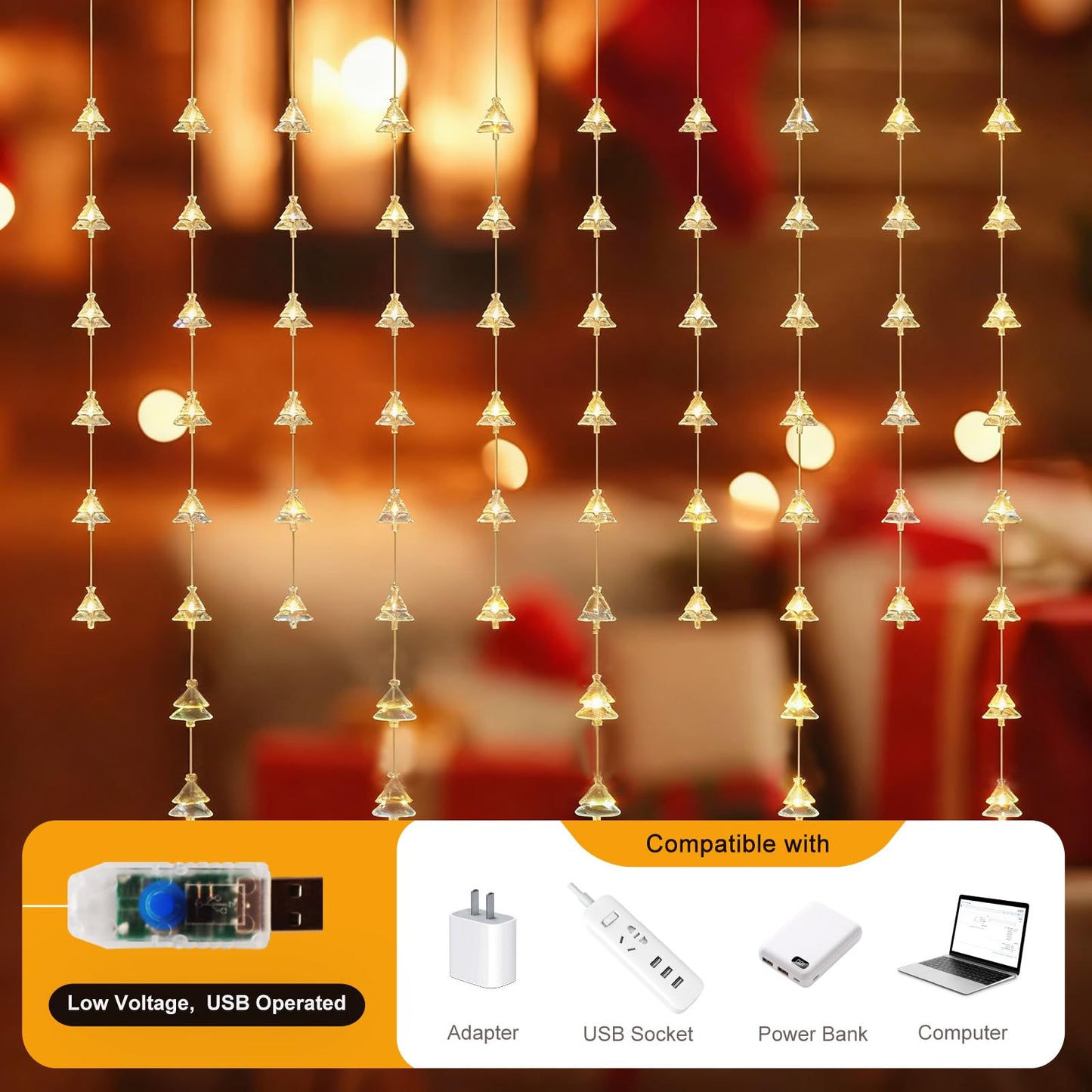 Patioman Christmas Tree Curtain Lights, Warm White Window Lights 70 LEDs Hanging Light with Remote Fairy Led Twinkle String Lights Home Bedroom Wall Ceiling Décor for Christmas, Wedding, Party