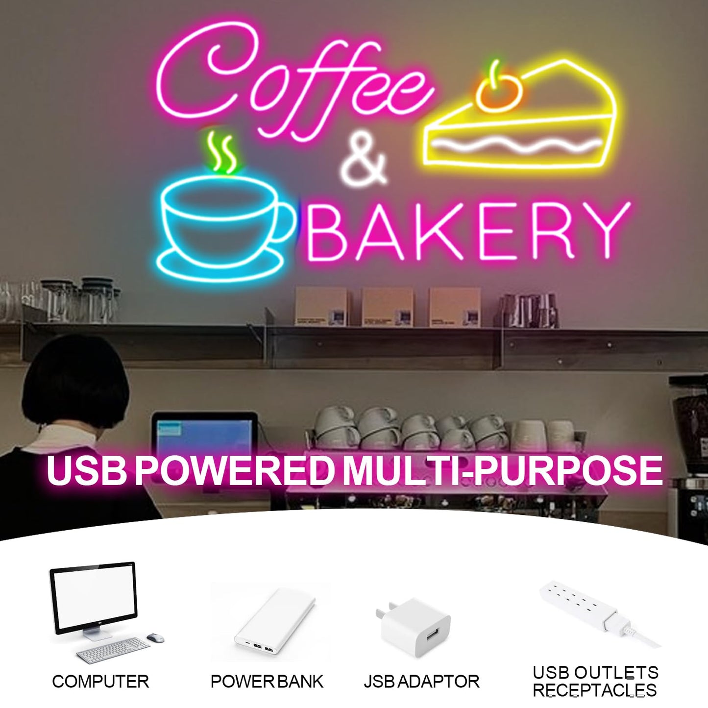 Coffee & Bakery Neon Sign, Open Cake Bakery And Coffee Shop Neon Light,Cake Bakery Wall Decor for family party birthday, kitchen coffee bar dhop restaurant hotel decoration weddings & retail decor