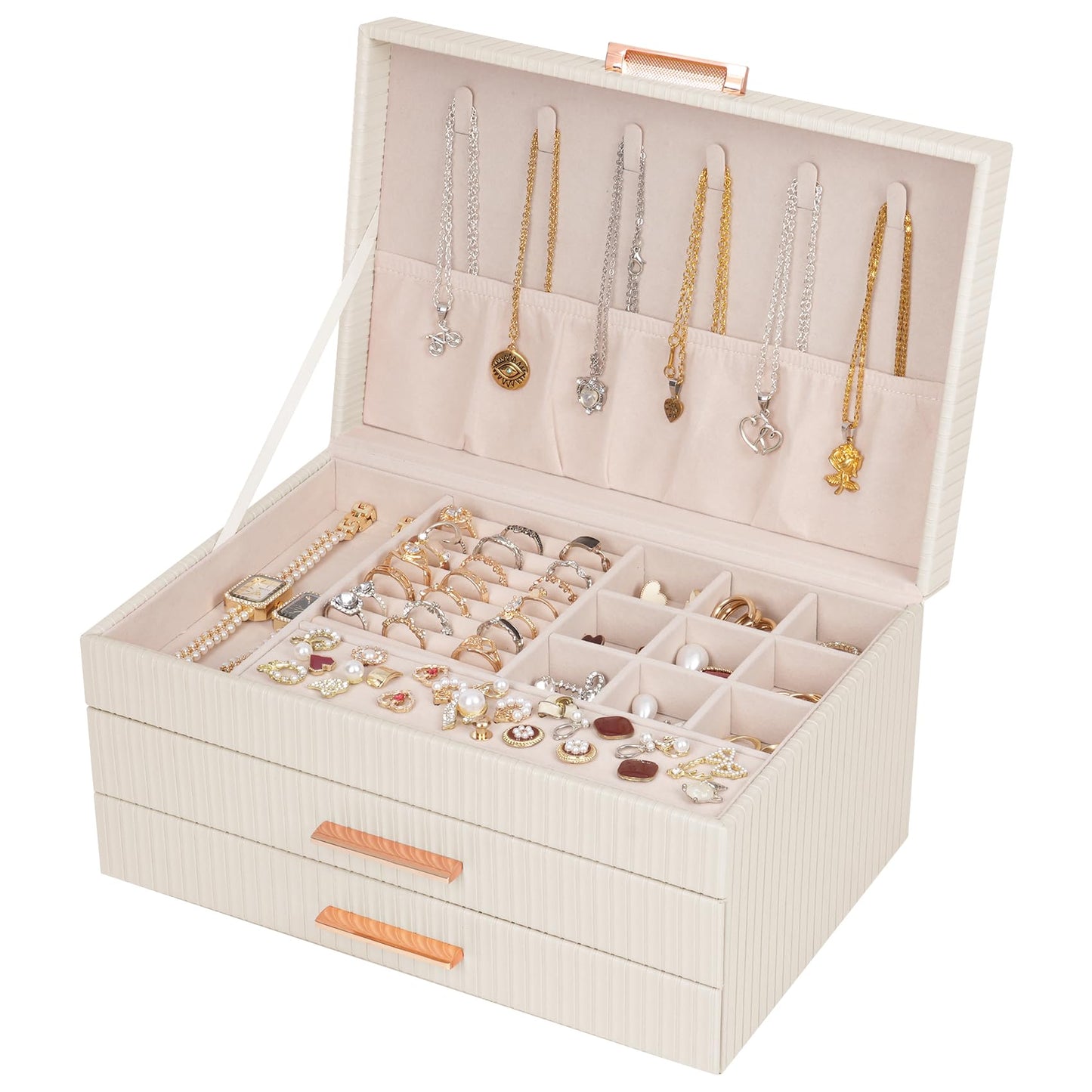 Dajasan Jewelry Box Organizer, 3-Tier Jewelry Storage Organizer with 2 Drawers, Large Jewelry Boxes for Women, PU Leather Surface with Texture, Gift Idea, Modern Style (Beige)