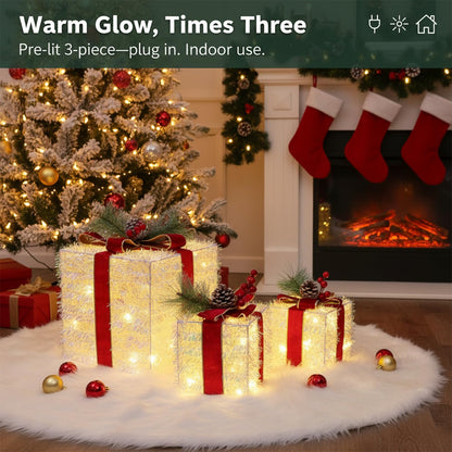 Fulong's Opulent Christmas Lighted Gift Boxes Decor Set of Three Pre-lit LED Presents | Warm White Garden, Porch, Room Decor & Tree Skirt Ornaments | Indoor 60 Lights Set
