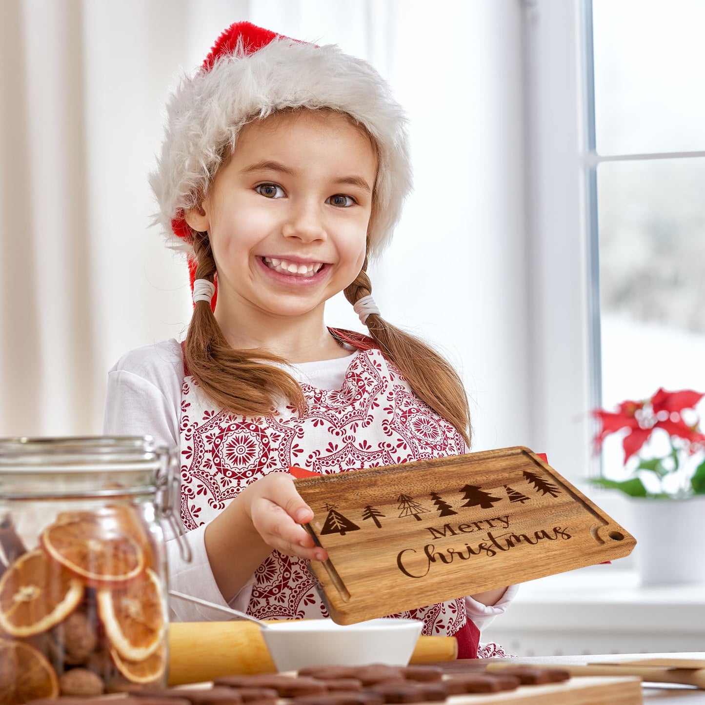 JarThenaAMCS Merry Christmas Wood Cutting Board Xmas Tree Kitchen Chopping Charcuterie Board Serving Platter Tray Dessert Candy Dish for Winter Home Party Gift Decor