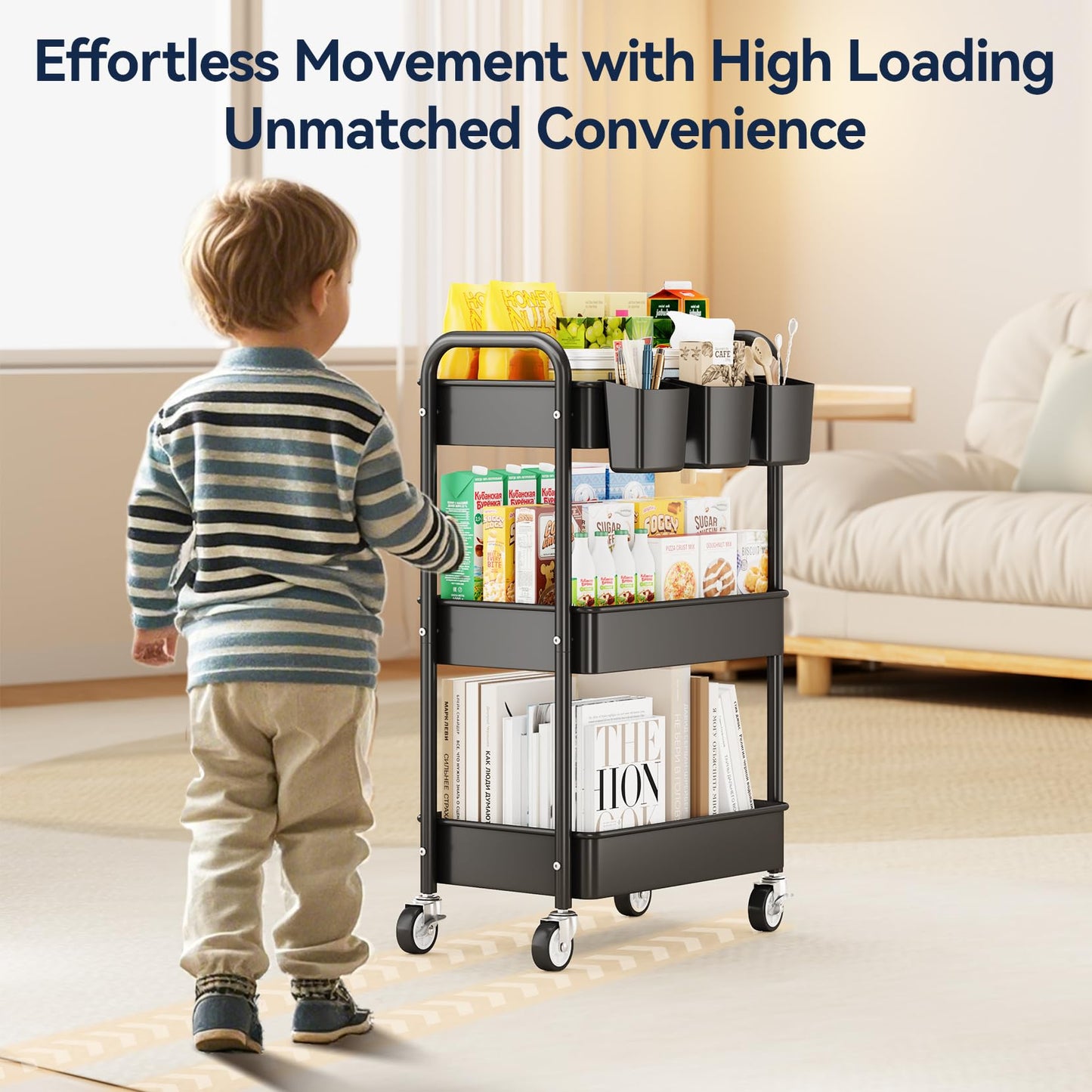 YASONIC 3 Tier Rolling Cart - Metal Utility Cart with Wheels, Hanging Cups, Hooks, Heavy Duty Mesh Rolling Storage Cart Organizer, Craft Cart for Kitchen Office, Lightweight and Sturdy