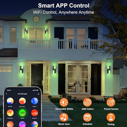 XMCOSY+ Outdoor Wall Light, 1400LM Smart RGBCW Outdoor Wall Sconce Lights, Adjustable Dual-Head LED Porch Light, WiFi APP Control, Alexa Compatible, IP65 Waterproof Outside Lights for House, 2 Pack