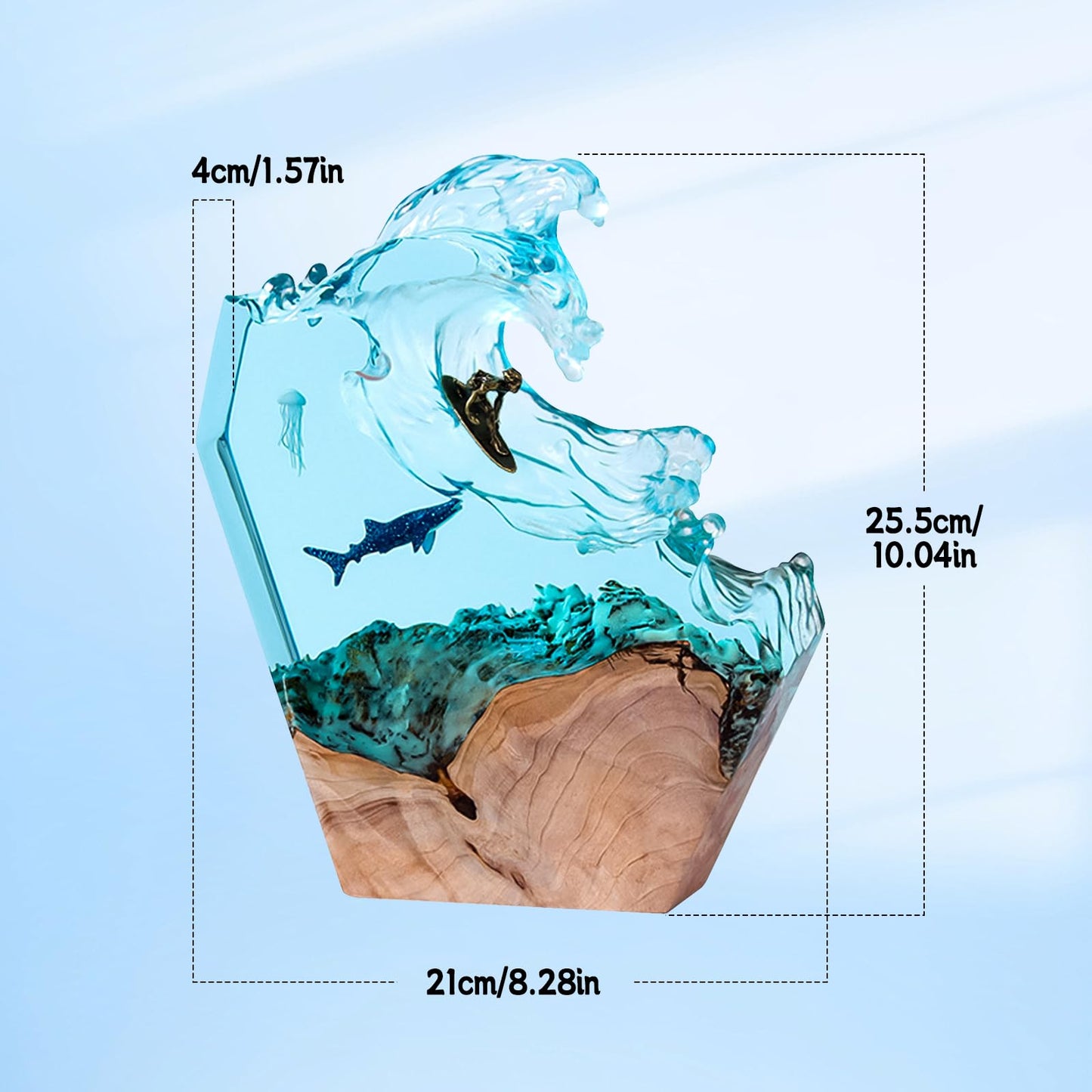 dcvbny Resin LED Ocean Surfing Night Lights,Handmade Wooden Epoxy Resin Bedside Table Lamp,3D Art Ornaments Office Bedroom Room Party Decor for Surfer Men Women Boys Girls (10-inch Surfing)