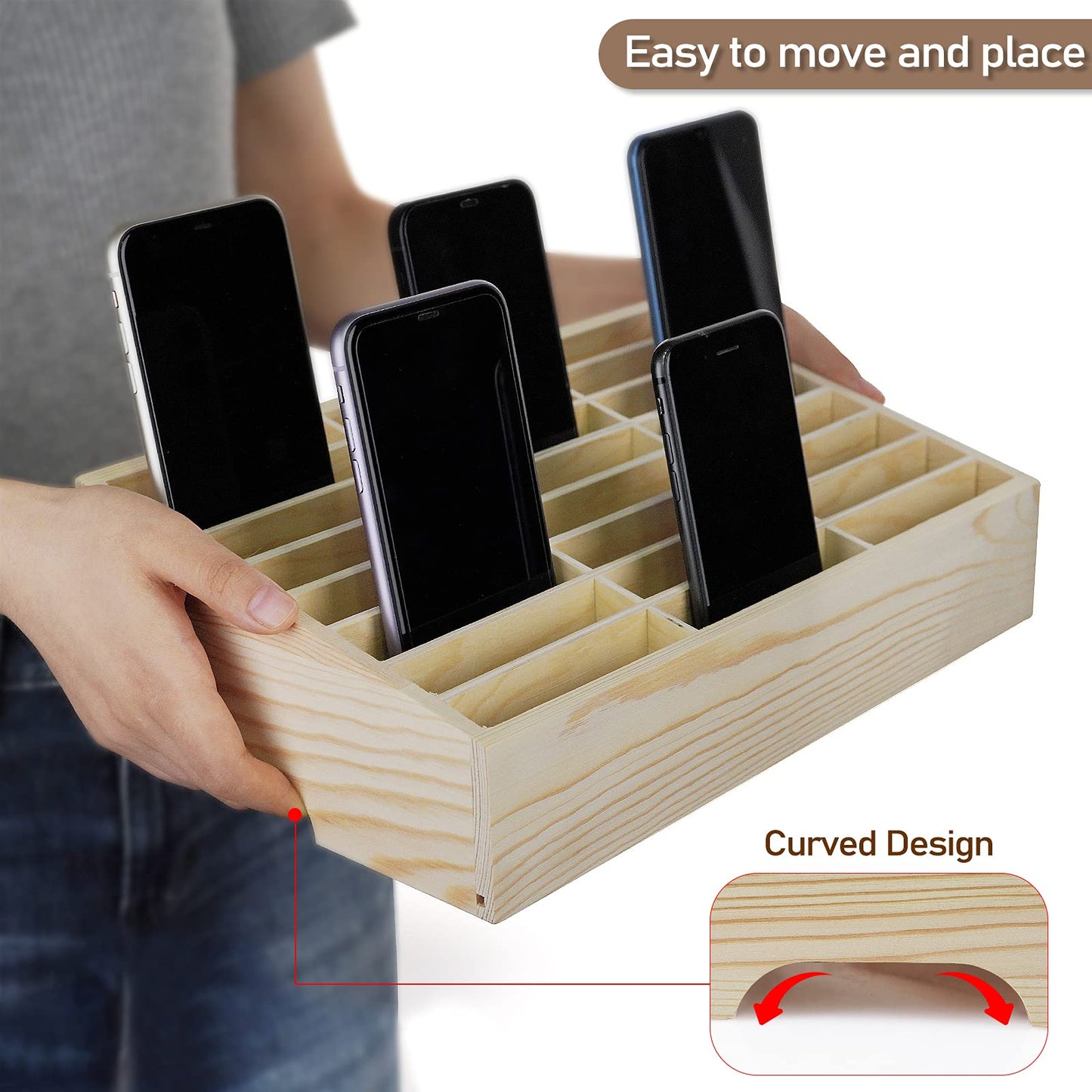Ozzptuu 24-Grid Wooden Cell Phone Holder Desktop Organizer Storage Box for Classroom Office (24-Grid)