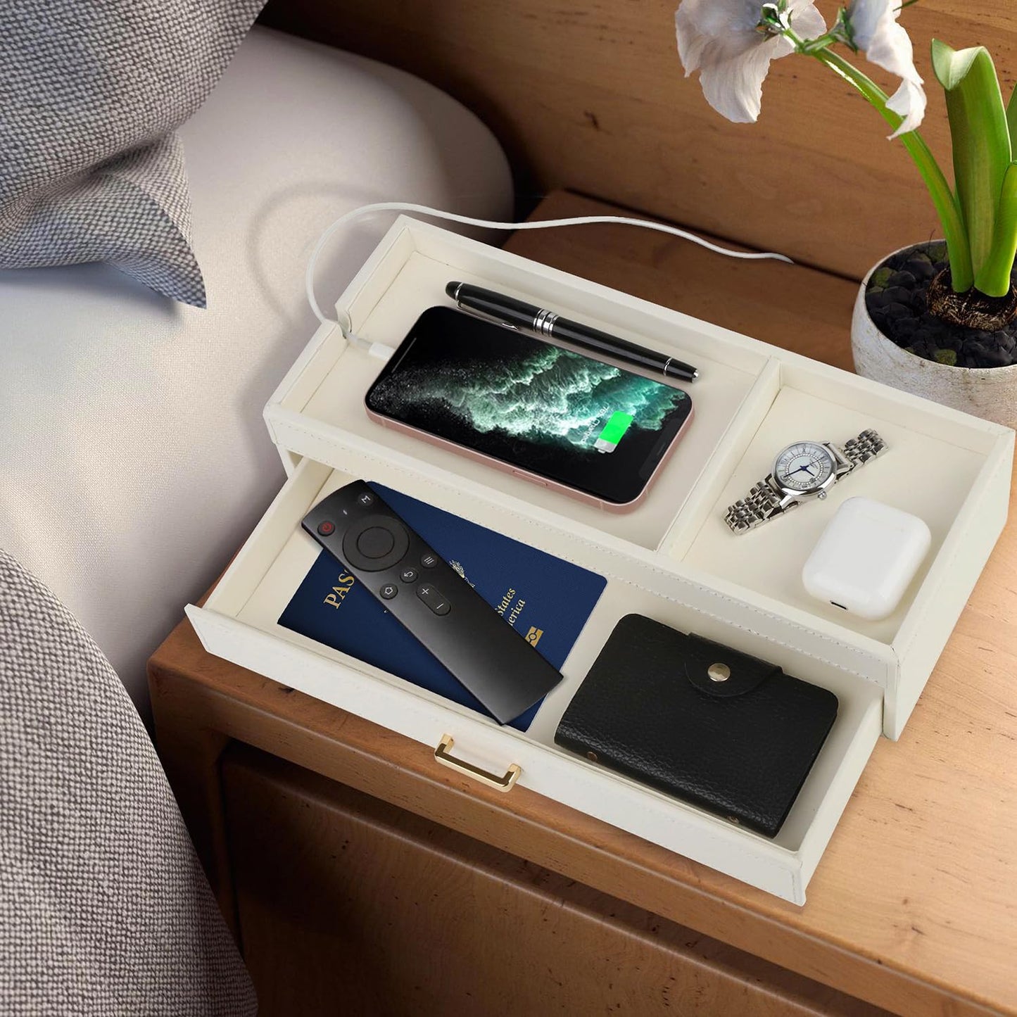 HofferRuffer Valet Jewelry Tray Organizer with Drawer, Faux Leather Storage Catchall Box Phone Charging Station Tray with Dresser Nightstand Desktop Drawer Organizer (White)
