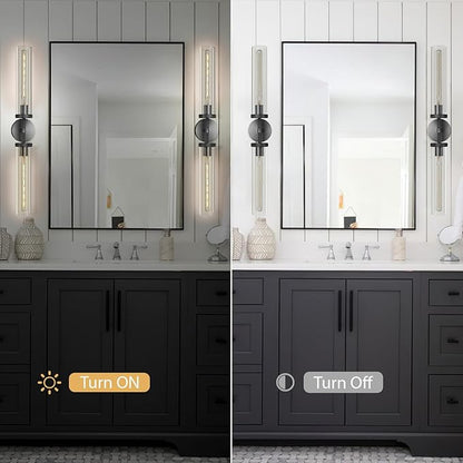 Black Wall Sconces Set of Two, 30" Modern Wall Lighting, Double Lights with Clear Glass Tubes, Knurled Vanity Light for Bathroom, Living Room, Bedroom, Hardwired (Including Bulb)