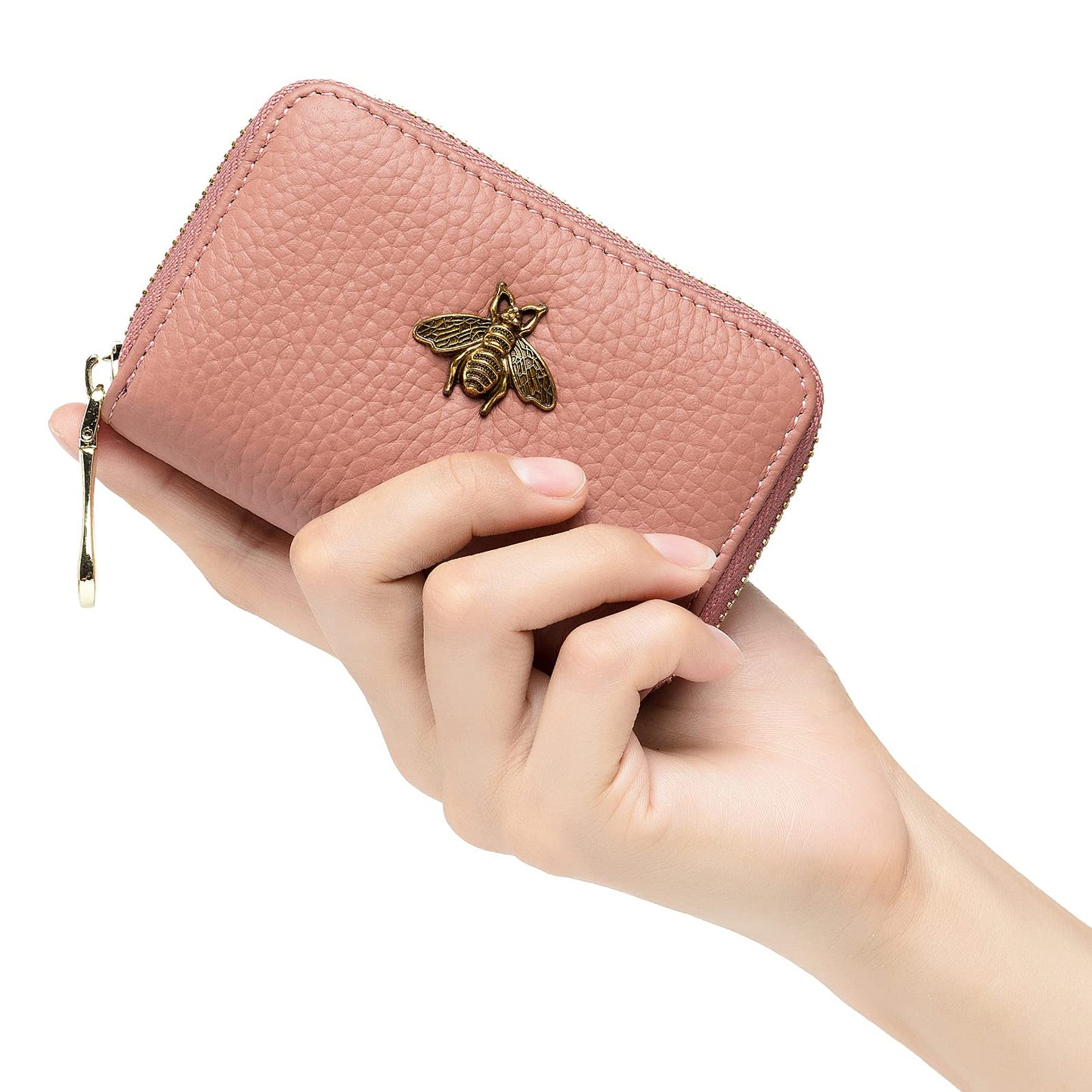 imeetu RFID Credit Card Holder, Small Leather Zipper Card Case Wallet for Women (Lite,Coral Pink)