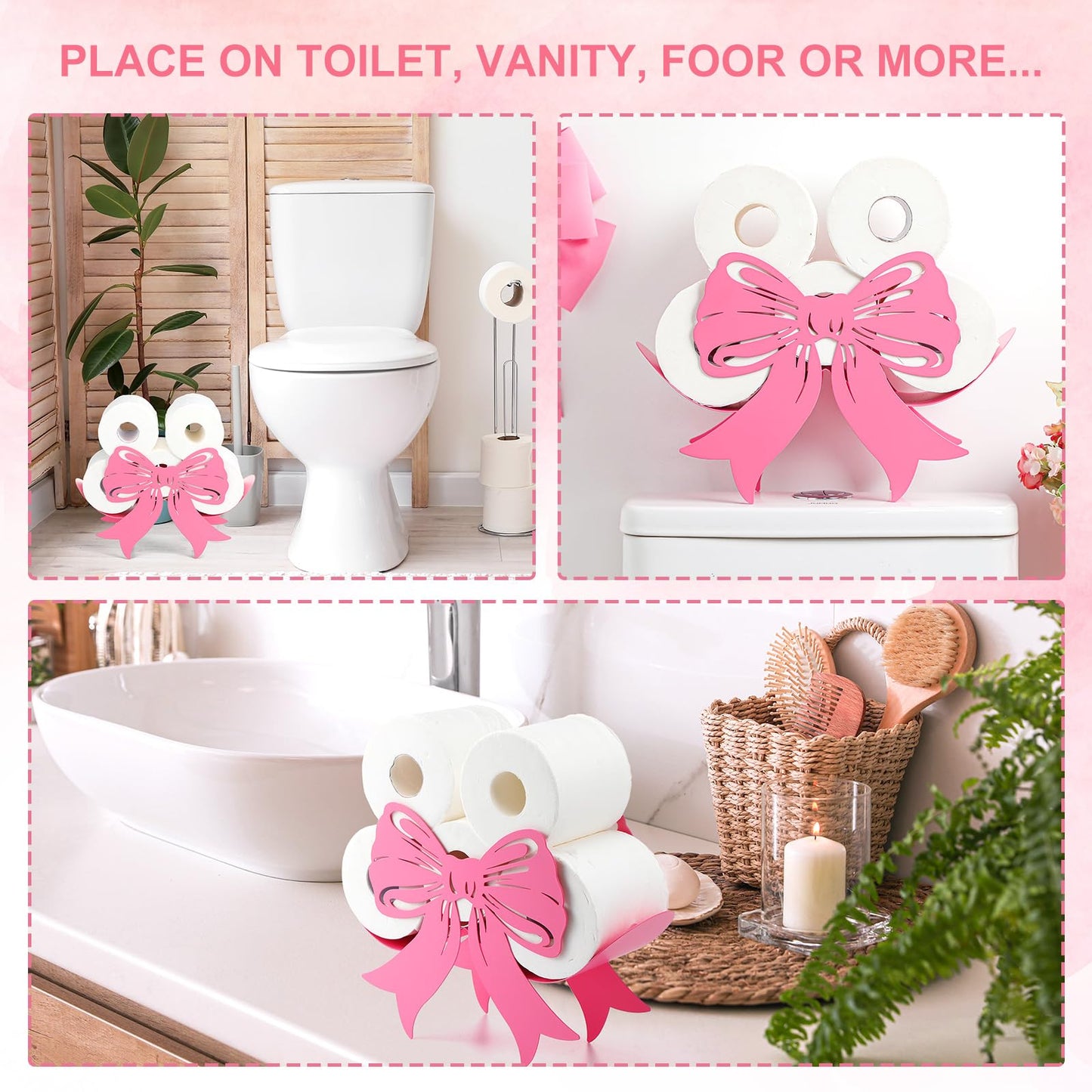 Geelin Bow Metal Toilet Paper Storage Holder Wedding Bow Bathroom Decor 8 Rolls Decorative Toilets Paper Holder Wall Mounted for Bathroom Kitchen Bedroom Coquette Home Decor(Pink)