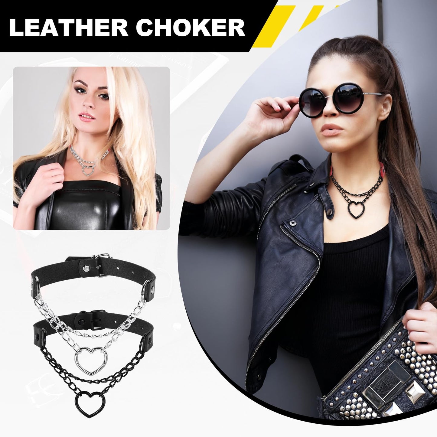 MECCANIXITY PU Leather Chokers, Love Heart Chokers Collar Necklace Gothic Punk Grunge Emo Necklace Gothic Jewelry Accessories Adjustable PU Collar for Women, Black/Silver Black, 2Pcs