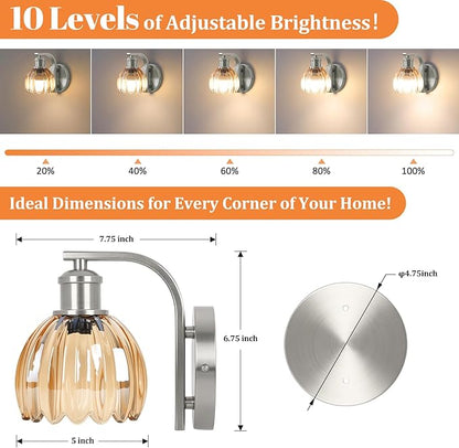Rechargeable Battery Operated Wall Sconce Set of Two with Amber Glass Lampshade, Wireless Wall Scone Decor with Remote Control, 15 Colors Brushed Nickle Wall Light for Bedside Hallway Bedroom Doorway