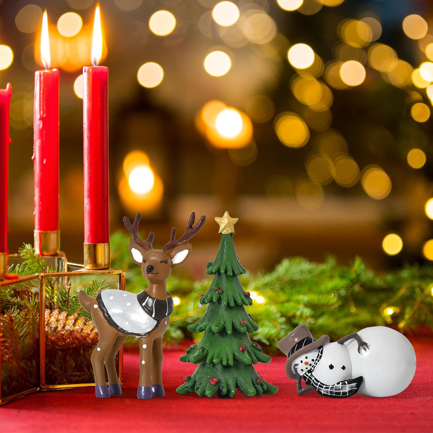 Smile Christmas Indoor Decoration, Set of 3 Small Resin Figurines Snowman Christmas Tree, and Reindeer, Holiday Decor for Mantle Centerpieces and Tabletop