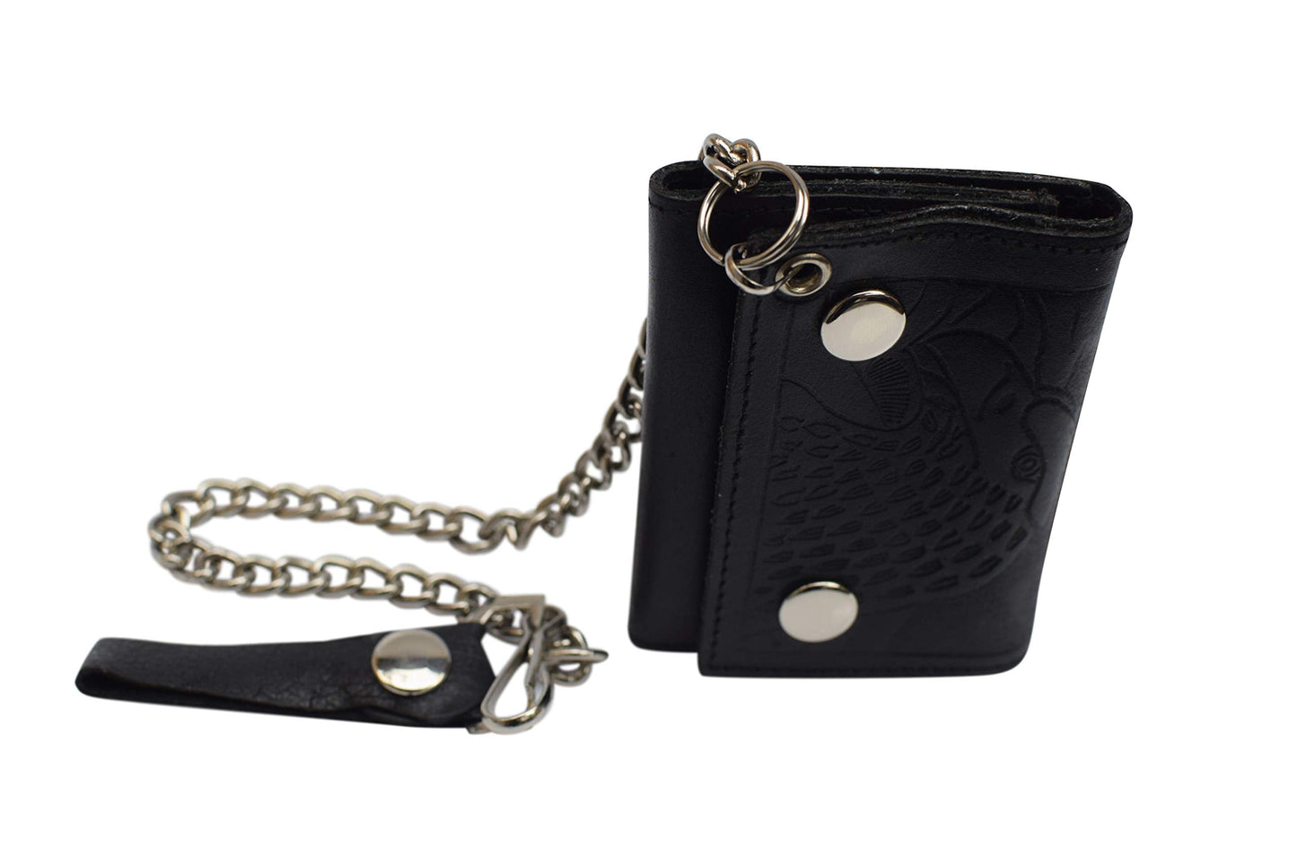 MARSHAL Men's Genuine Leather Black Trifold Wallet with Chain Biker Trucker Motorcycle (Eagle Black)