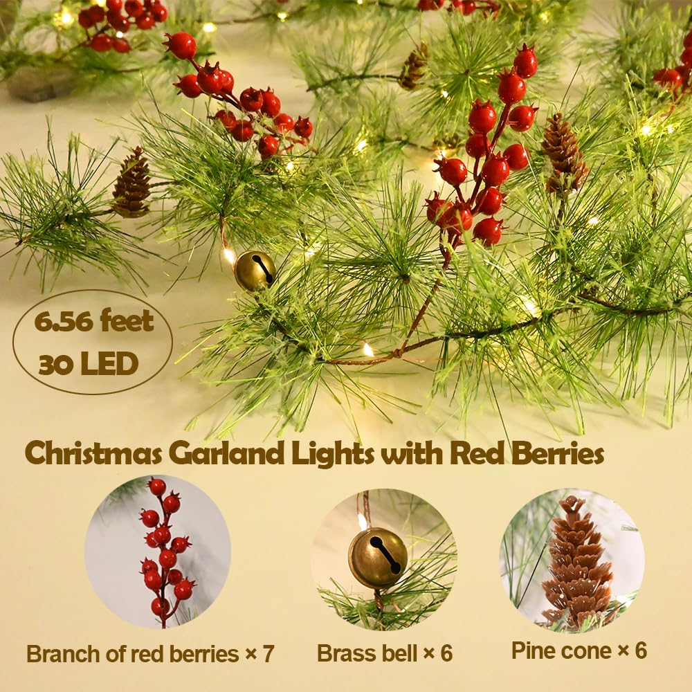 PALONMY Christmas Garland Lights 6.56 FT Smokey Pine Garland with 30 LED Fairy Lights Battery Operated Garland Lights with Red Berries Bells Pine Cones Christmas Indoor Home Decorations