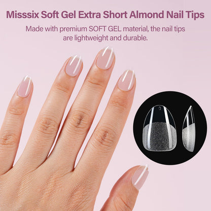 Misssix Short Almond Gel Nail Tips Kit, 216Pcs Pre Etched Clear Fake Nails, Full Cover False Nail 9-in-1 Gel Glue and Portable Mini U V Nail Lamp for Women 12 Sizes