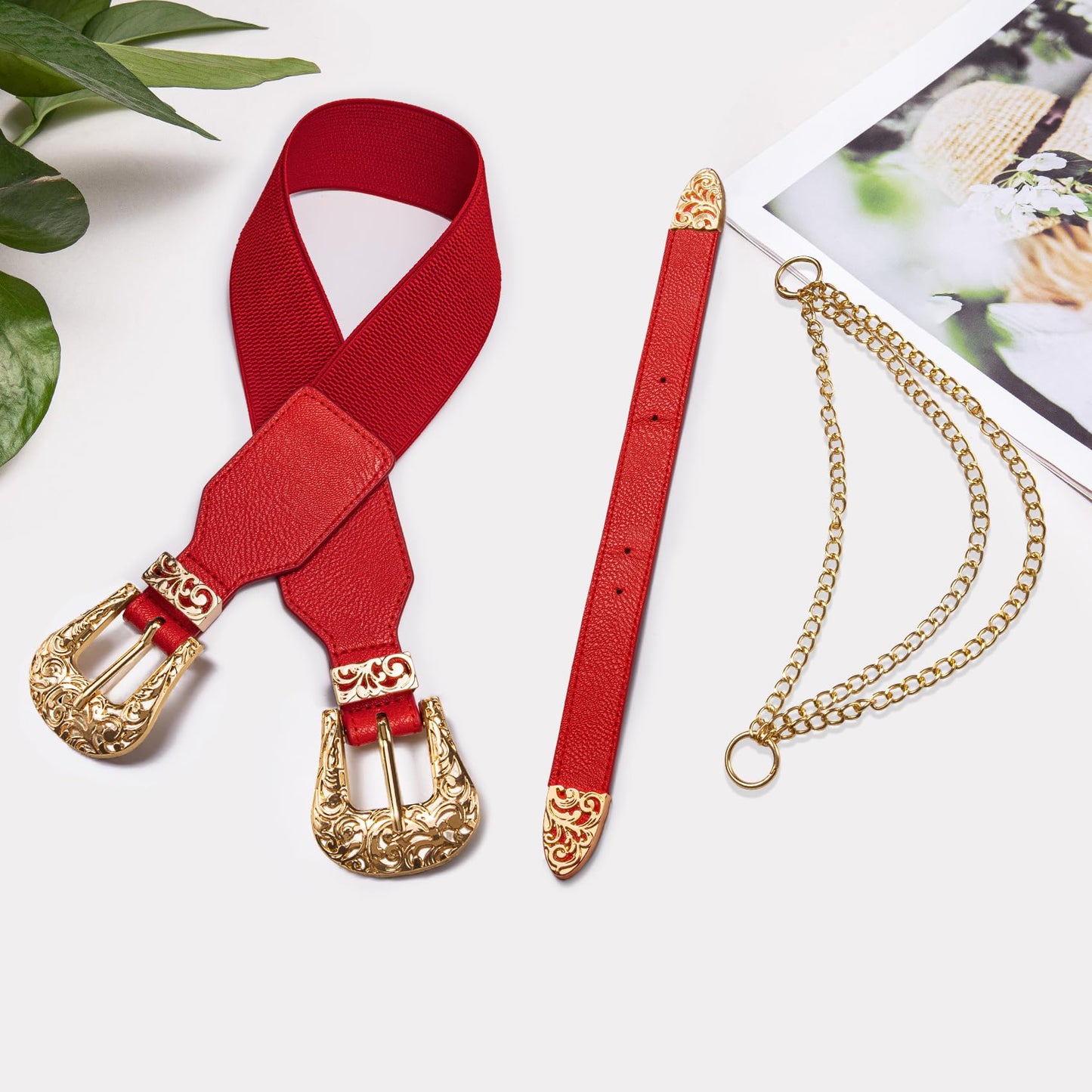 Barry.Wang Women Double Western Belt Vintage Leather Red Belt Gold Buckle Design Elastic Waist Chain Jeans Dresses Cowgirl