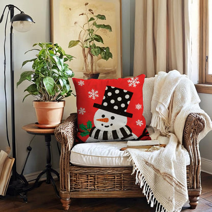 7COLORROOM Set of 4 Christmas Red Pillow Cover Lovely Snowman Festival Throw Cushion Cover Home Decorative Winter Cotton Linen Pillowcases 18" x 18"(Snowman)