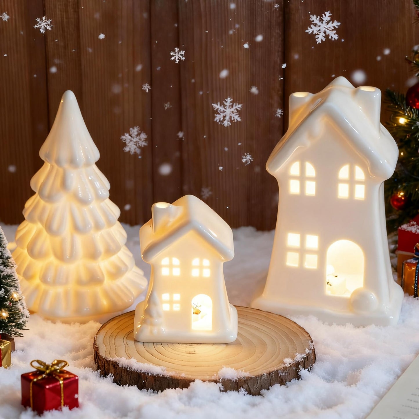 NEROSUN Ceramic Christmas Village Houses, 3Pcs LED Lighted Porcelain White Small House and Xmas Tree Tabletop Figurines, Light Up Christmas Decorations for Home Shelf Cabinet Table Winter Decor