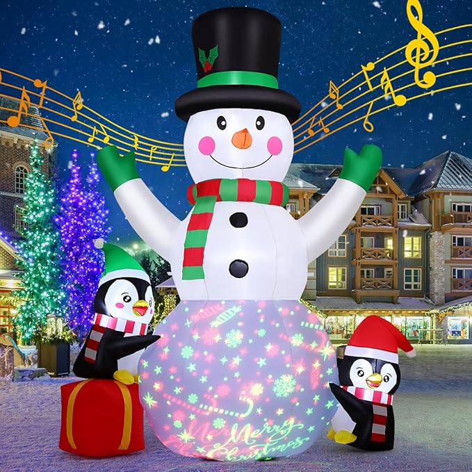 GOOSH 8 FT Christmas Inflatables Snowman Built-in Music Box & Rotating Colorful LED Lights, Christmas Inflatable Outdoor Decoration Blow Up for Holiday Party Xmas New Year