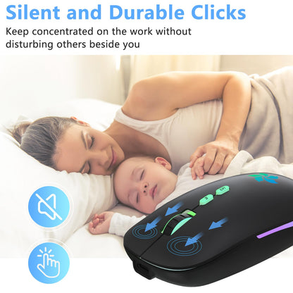 KARFUN Wireless Mouse, Backlit LED Portable Slim Computer Mouse for Laptop, PC, Computer, MacBook, iPad, Chromebook, Notebook, 2.4G Rechargeable Wireless Mouse (Black) (Black-Transparent Nose)