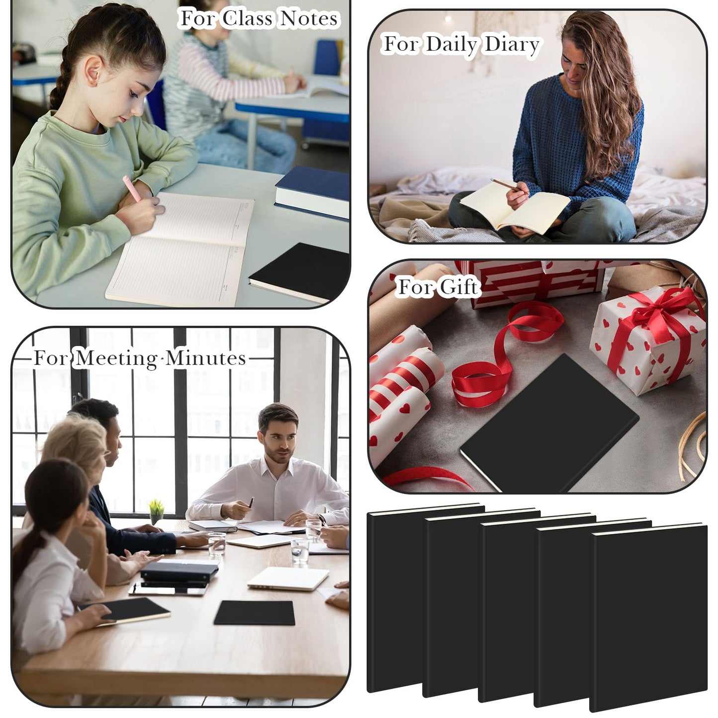 Tenceur 5 Pcs A4 College Ruled Notebook 8.5'' x 11'' Lined Journal 200 Pages Lined Artificial Leather Sketchbook for Writing Office School Business Home Gifts Supplies (Black)
