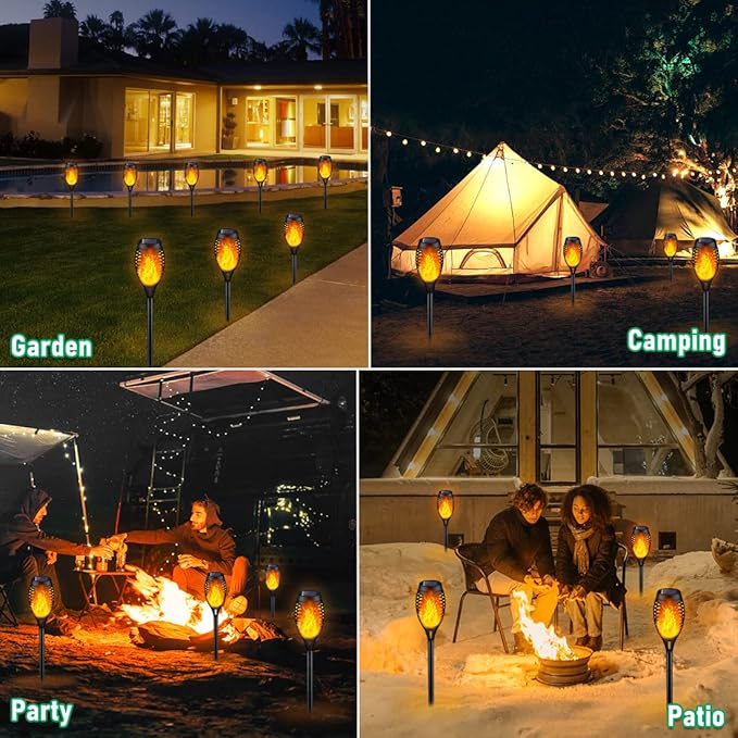 IkeeRuic Solar Halloween Flame Torch Lights for Outdoor Decor, 12Pack Outdoor Lights Solar Powered Waterproof, LED Torches for Outside Decor, Luces Solares Outdoor Decorations for Patio Garden Art
