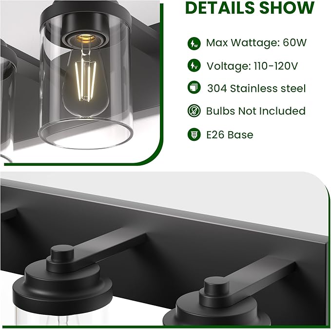 Bathroom Vanity Light, 3-Light Modern Black Vanity Light Fixtures with Clear Glass Shade, 22in Matte Black Bathroom Light Fixtures Over Mirror, Rustic Restroom Lighting Fixtures