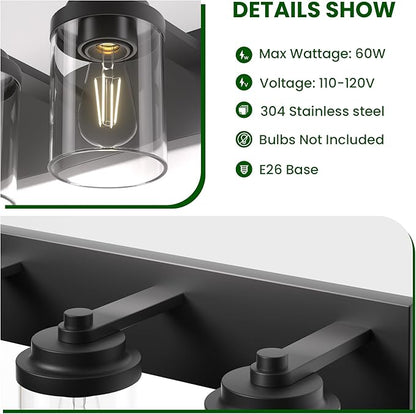 Bathroom Vanity Light, 3-Light Modern Black Vanity Light Fixtures with Clear Glass Shade, 22in Matte Black Bathroom Light Fixtures Over Mirror, Rustic Restroom Lighting Fixtures